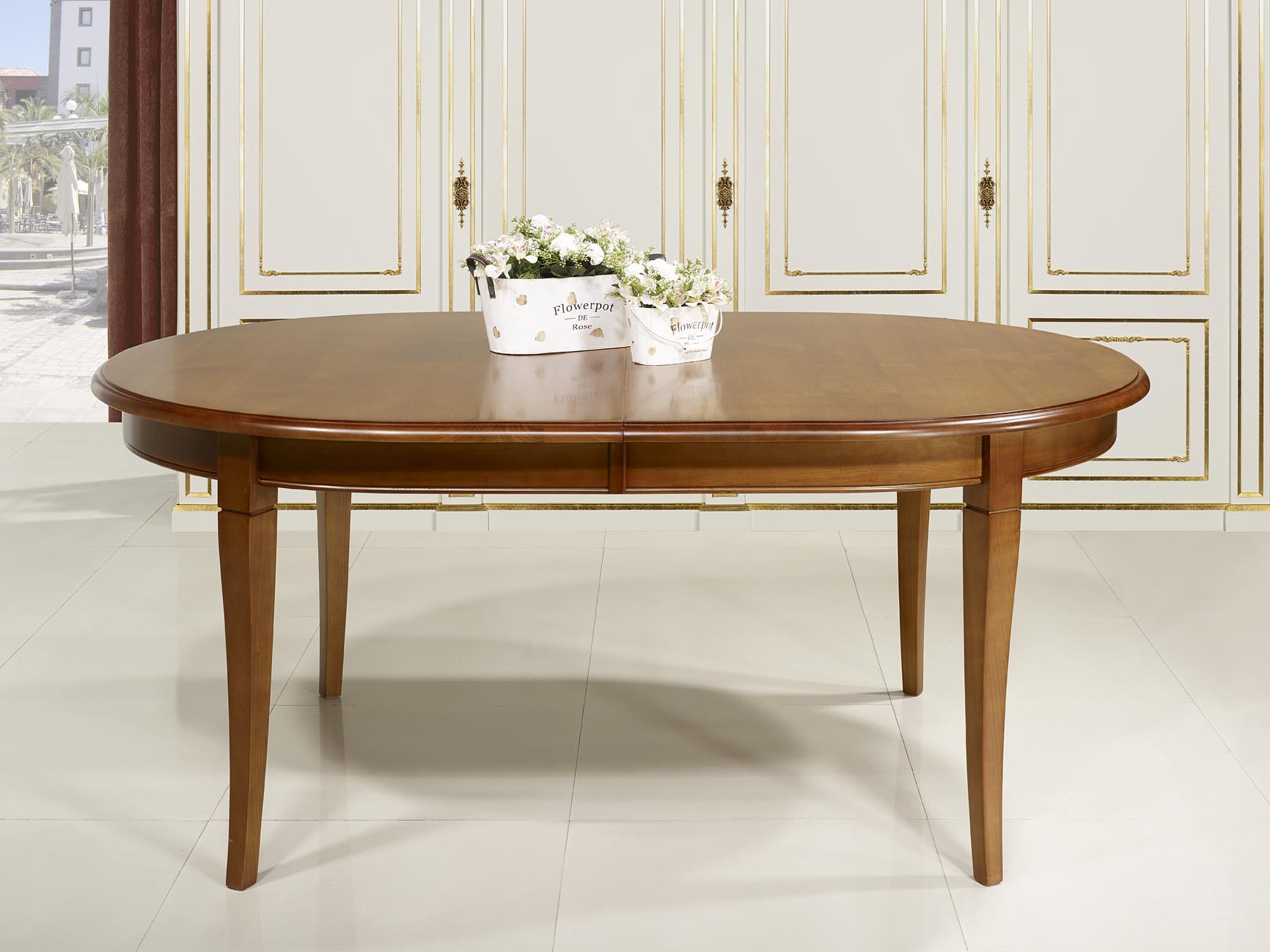 Table Ovale Estelle 180x120  en Merisier Massif de style Louis Philippe + 5 allonges 380 x 120 