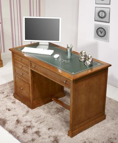 Bureau 5 tiroirs Jeanne  en Merisier de style Louis Philippe Moleskine verte sur la surface du plateau