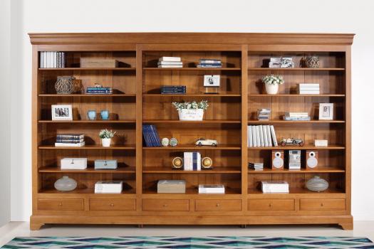 Bibliothèque ouverte Florent réalisée en Chêne Massif de style Louis Philippe LARGEUR 395 cm Finition Chêne Moyen (photographies)