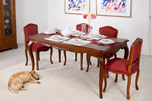 Table rectangulaire 170x100 Mila et ses 4 Chaises habillées d'un tissu Bordeaux  en merisier de style Louis Philippe 1 allonge de 60 cm