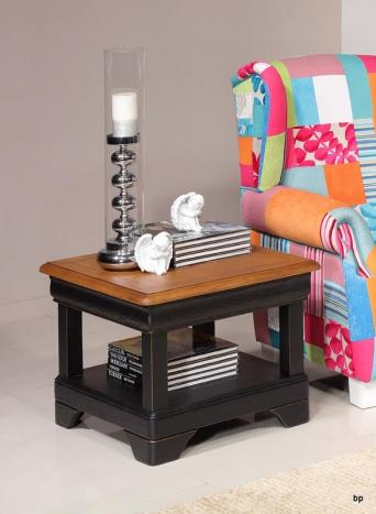 Petite table basse Ines  en chêne de style Louis Philippe Finition Chêne Brossé Noir Usé - plateau chêne doré patiné