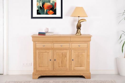 Buffet Hugo 3 portes 6 tiroirs  en Chêne Massif de style Louis Philippe Finition chêne Brossé Naturel SEULEMENT 1 DISPONIBLE