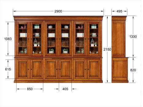 Bibliothèque 2 corps Agathe en Merisier Massif de style Louis Philippe longueur 290 cm 