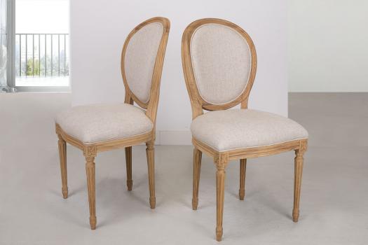 Lot de 2 chaises Simon  en Chêne Massif de style Louis XVI Finition Chêne Brossé  Tissu façon Lin