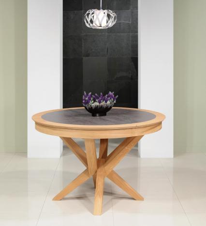 Table ronde Contemporaine Romain diamètre 120 cm  en chêne avec un pieds central et 1 allonge portefeuille de 50 cm Céramique Iron Grey