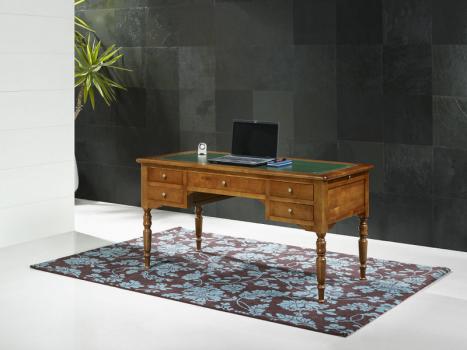 Bureau Ministre 5 tiroirs  en Merisier Massif de style Louis Philippe	Surface d'écriture vert anglais