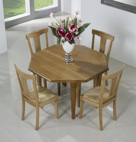  Table à volets octogonale 120x120  en Chêne Massif 6 pieds fuseaux 4 allonges de 40 cm